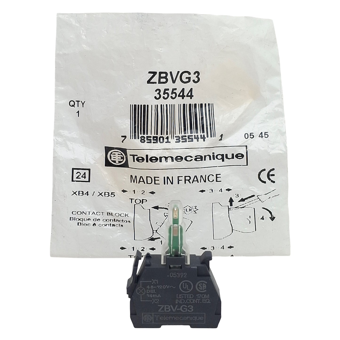 New Telemecanique ZBVG3 Push Button Light Module, Green LED, 22mm, 48-120VAC