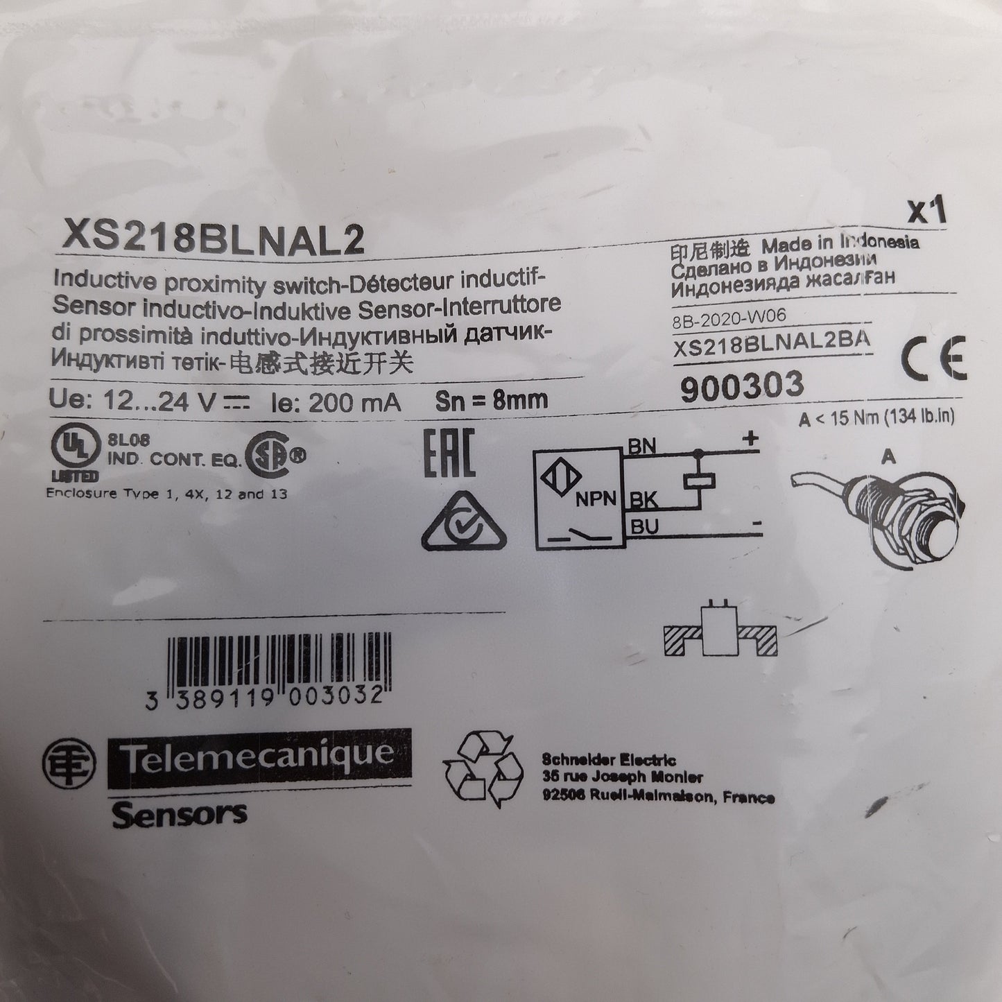 New Telemecanique XS218BLNAL2 Inductive Proximity Sensor 12-24VDC, NPN-NO, 8mm Range