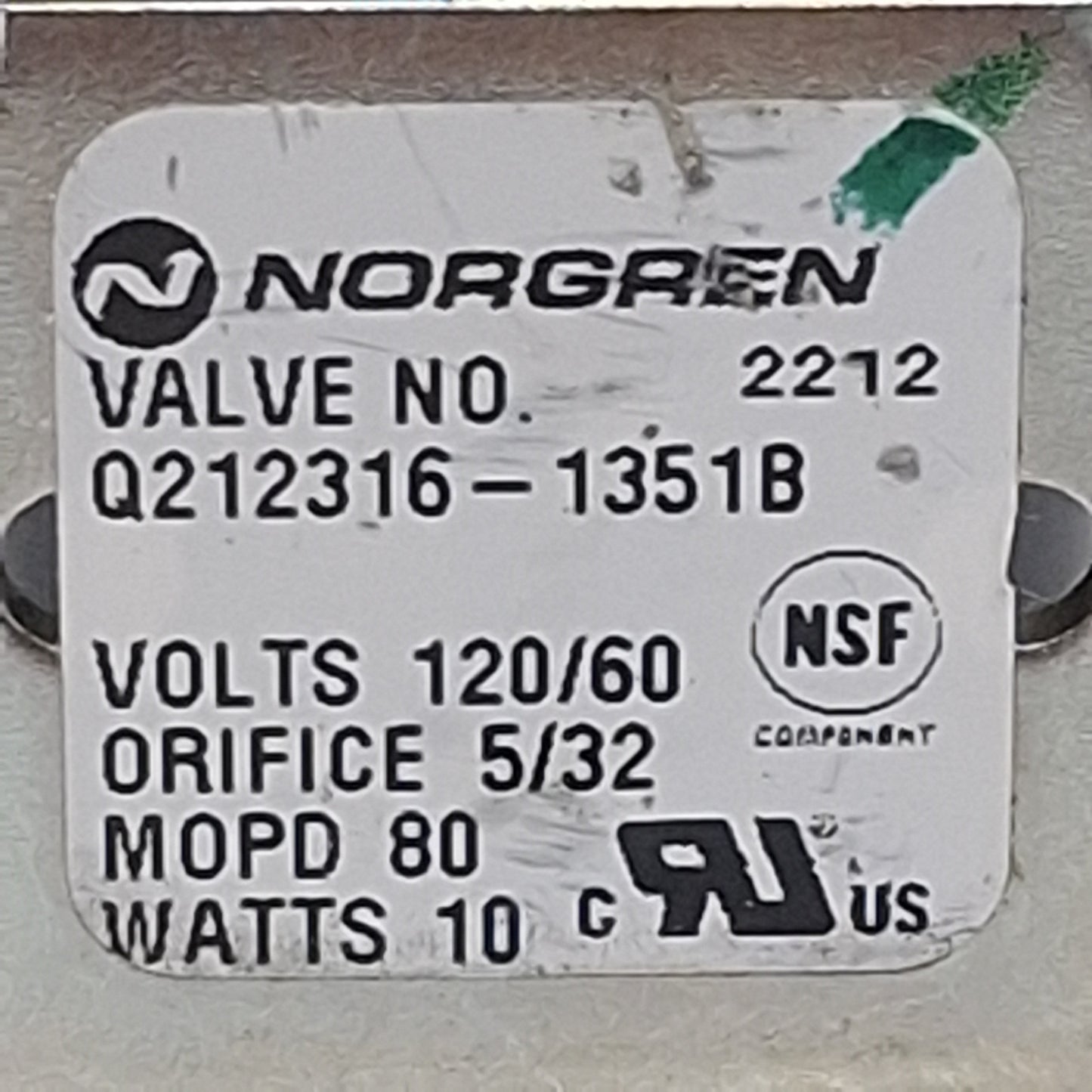 Used Norgren Q212316-1351B-120-60 Solenoid Valve, 2/2-Way, NC, 1/4in PIF, 120VAC Coil