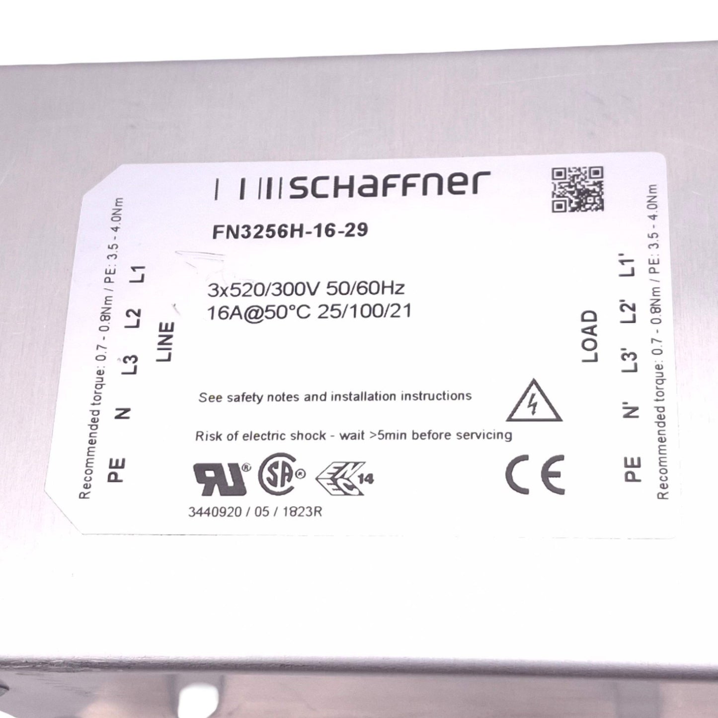 Used Schaffner FN3256H-16-29 Power Line Filter, 3-Phase 520/300VAC, 16A Max