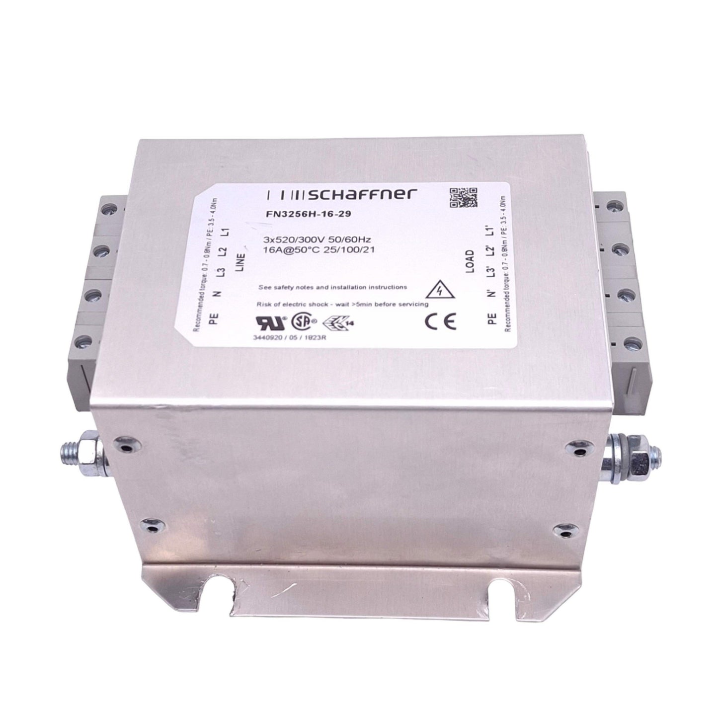 Used Schaffner FN3256H-16-29 Power Line Filter, 3-Phase 520/300VAC, 16A Max