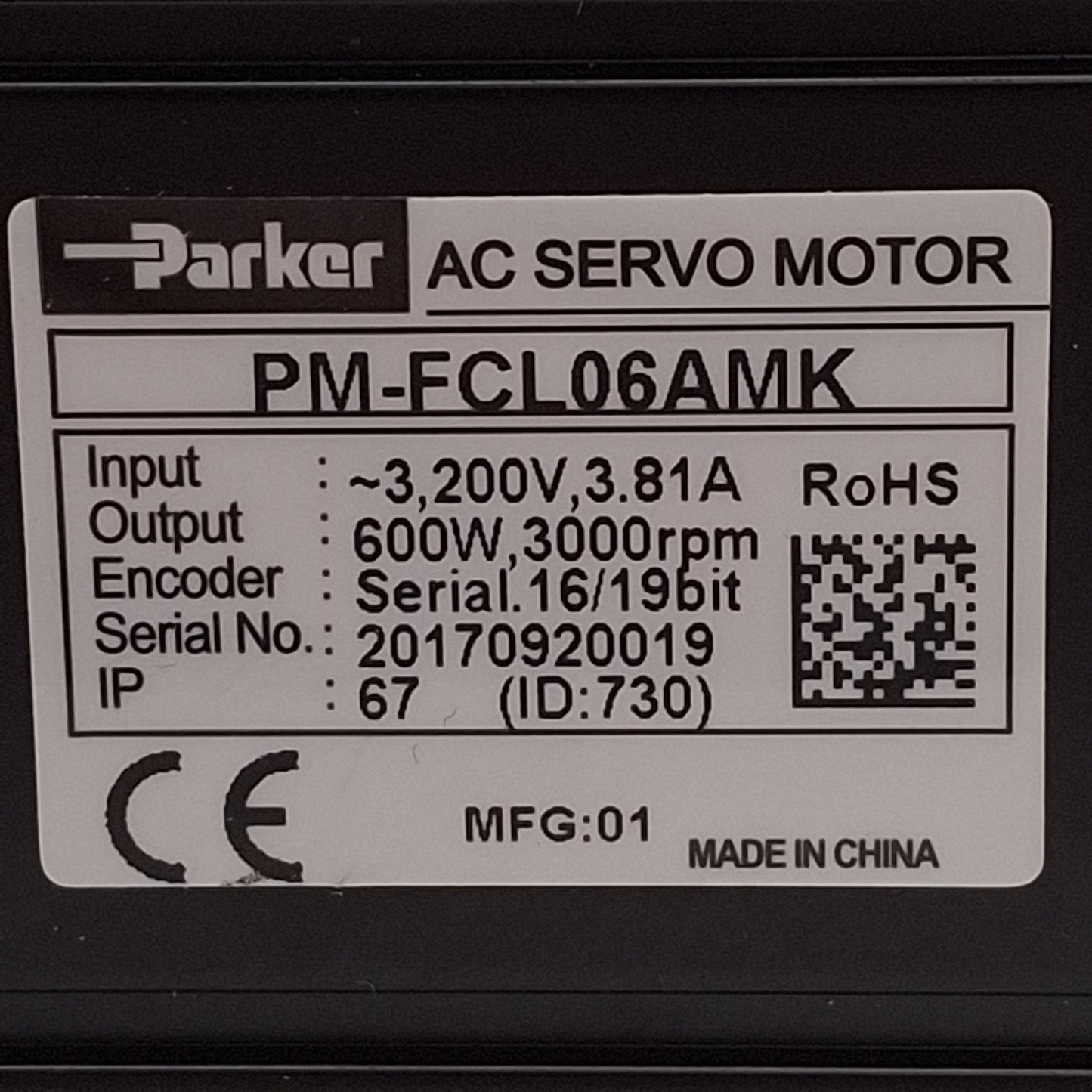 Used Parker PM-FCL06AMK Pulse Drive Servo Motor, 600W, 3200VAC 3.81A, 80mm Flange