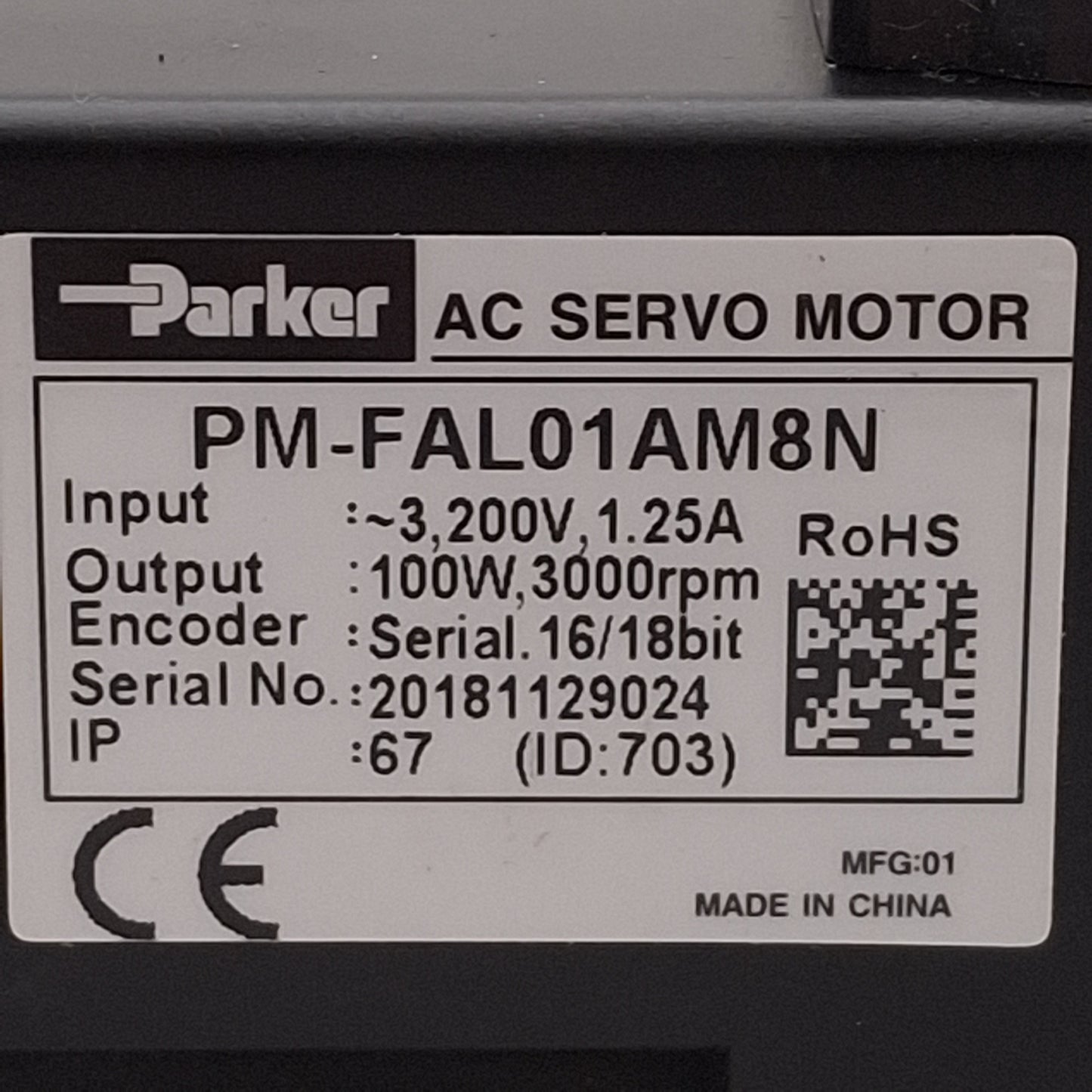 Used Parker PM-FAL01AM8N Pulse Drive Servo Motor, 100W, 3200VAC 1.25A, 40mm Flange