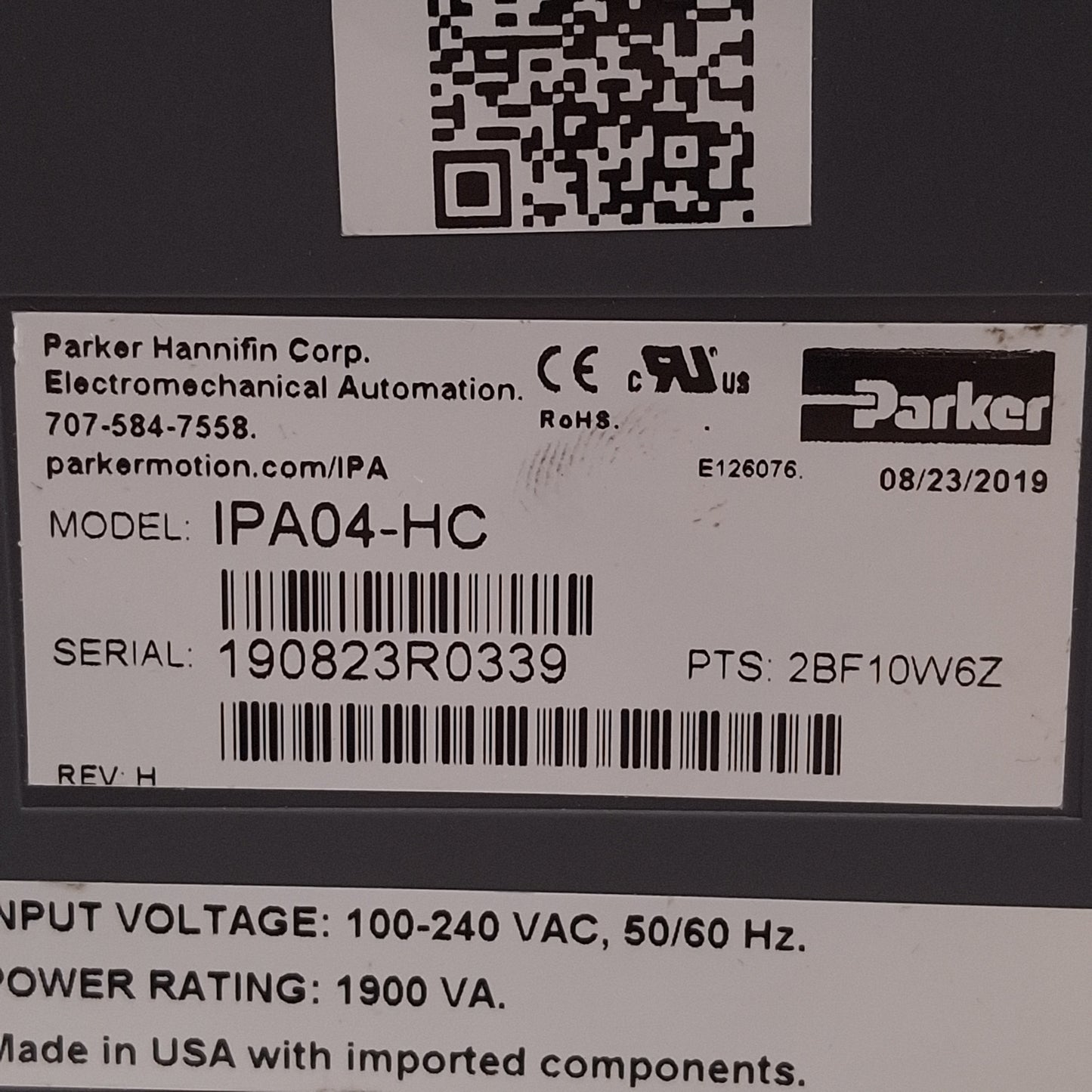 Used Parker IPA04-HC Ethernet Servo Drive/Controller, 400W, 1.9kVA, 100-240VAC Input
