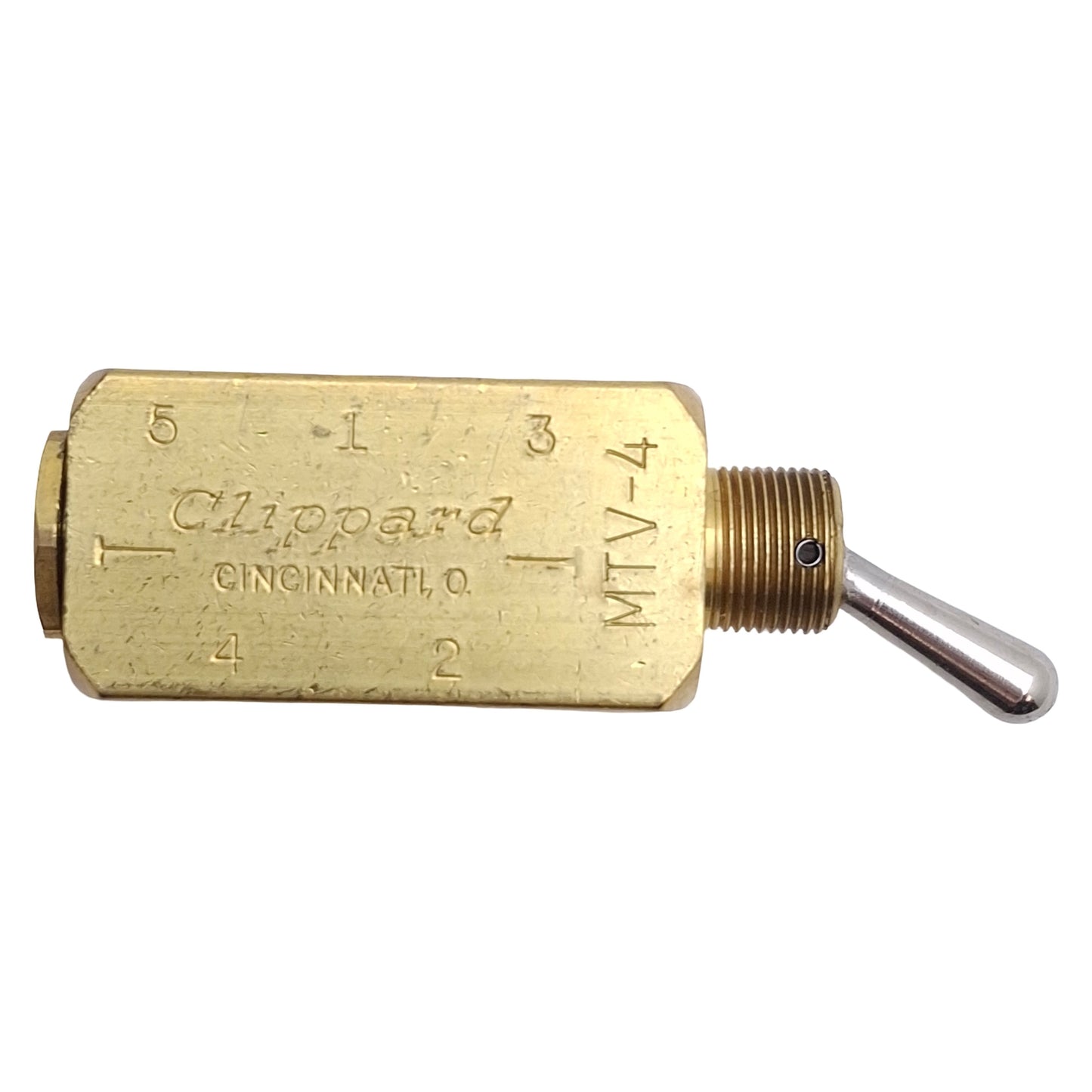 New – Open box Clippard MTV-4 Brass Toggle Air Control Valve, 2-Position 5-Port, N/C, 10-32