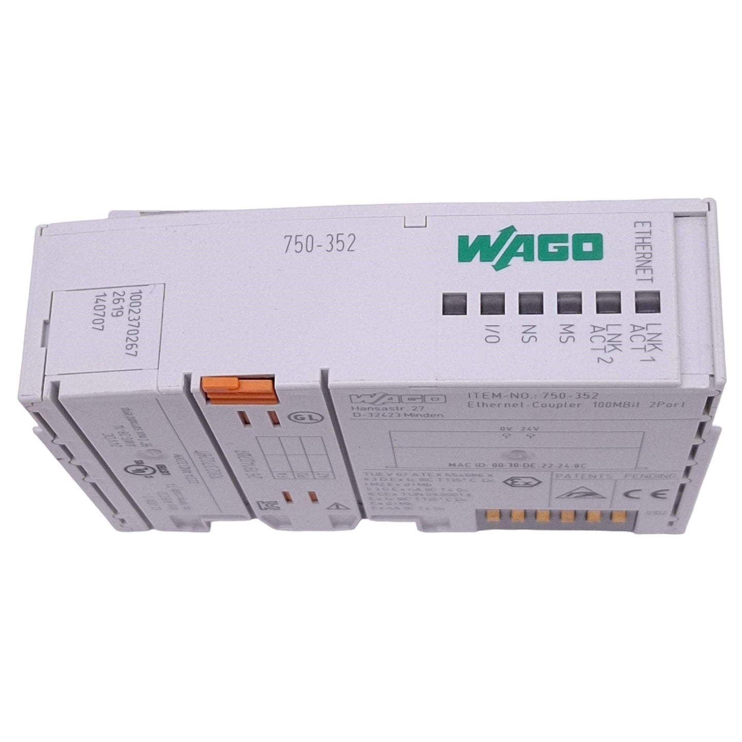 Used Wago 750-352 Ethernet Coupler Module, 2-Port RJ45 10/100Mbps, 24VDC, DIN Rail