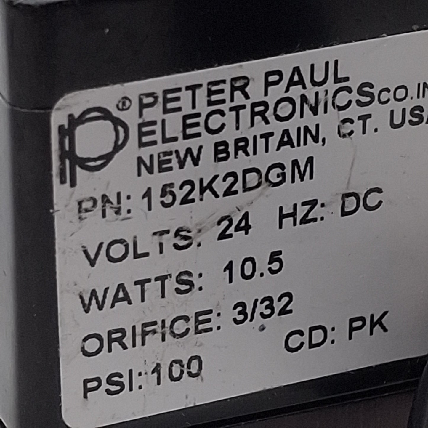 Used Peter Paul 152K2DGM Solenoid Valve, 2-Way NC, 1/8in NPT, 100psi Max, 24VDC Coil