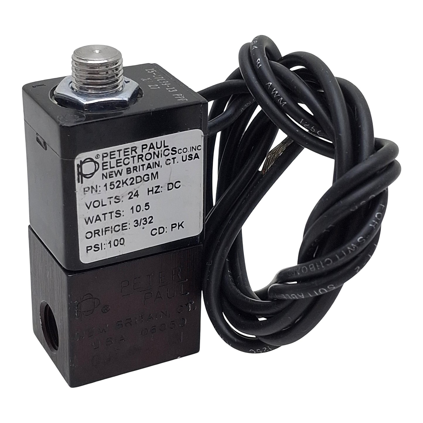 Used Peter Paul 152K2DGM Solenoid Valve, 2-Way NC, 1/8in NPT, 100psi Max, 24VDC Coil