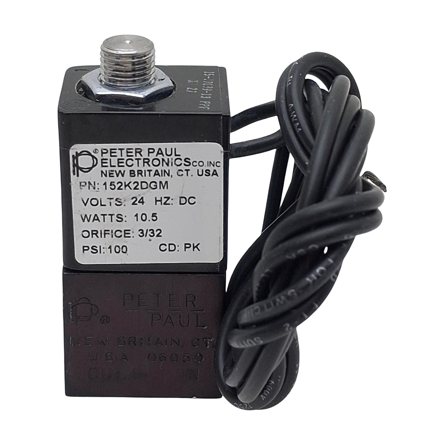 Used Peter Paul 152K2DGM Solenoid Valve, 2-Way NC, 1/8in NPT, 100psi Max, 24VDC Coil
