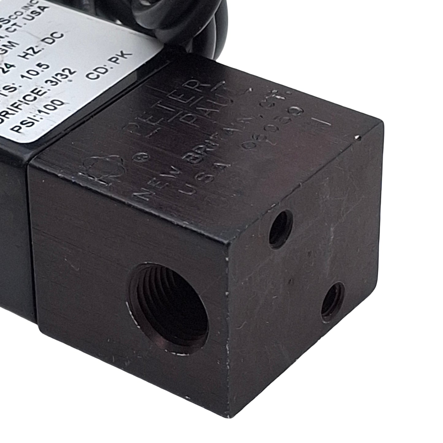 Used Peter Paul 152K2DGM Solenoid Valve, 2-Way NC, 1/8in NPT, 100psi Max, 24VDC Coil