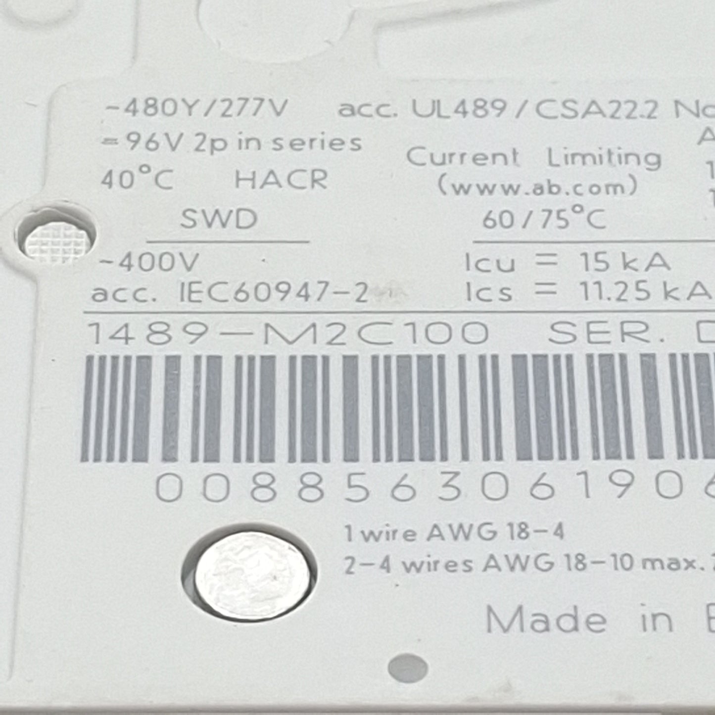 Used Allen Bradley 1489-M2C100 Circuit Breaker, 2-Pole, C-Curve, 10A 480Y/277VAC