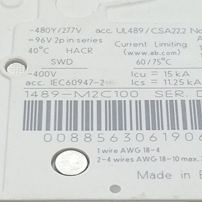 Used Allen Bradley 1489-M2C100 Circuit Breaker, 2-Pole, C-Curve, 10A 480Y/277VAC