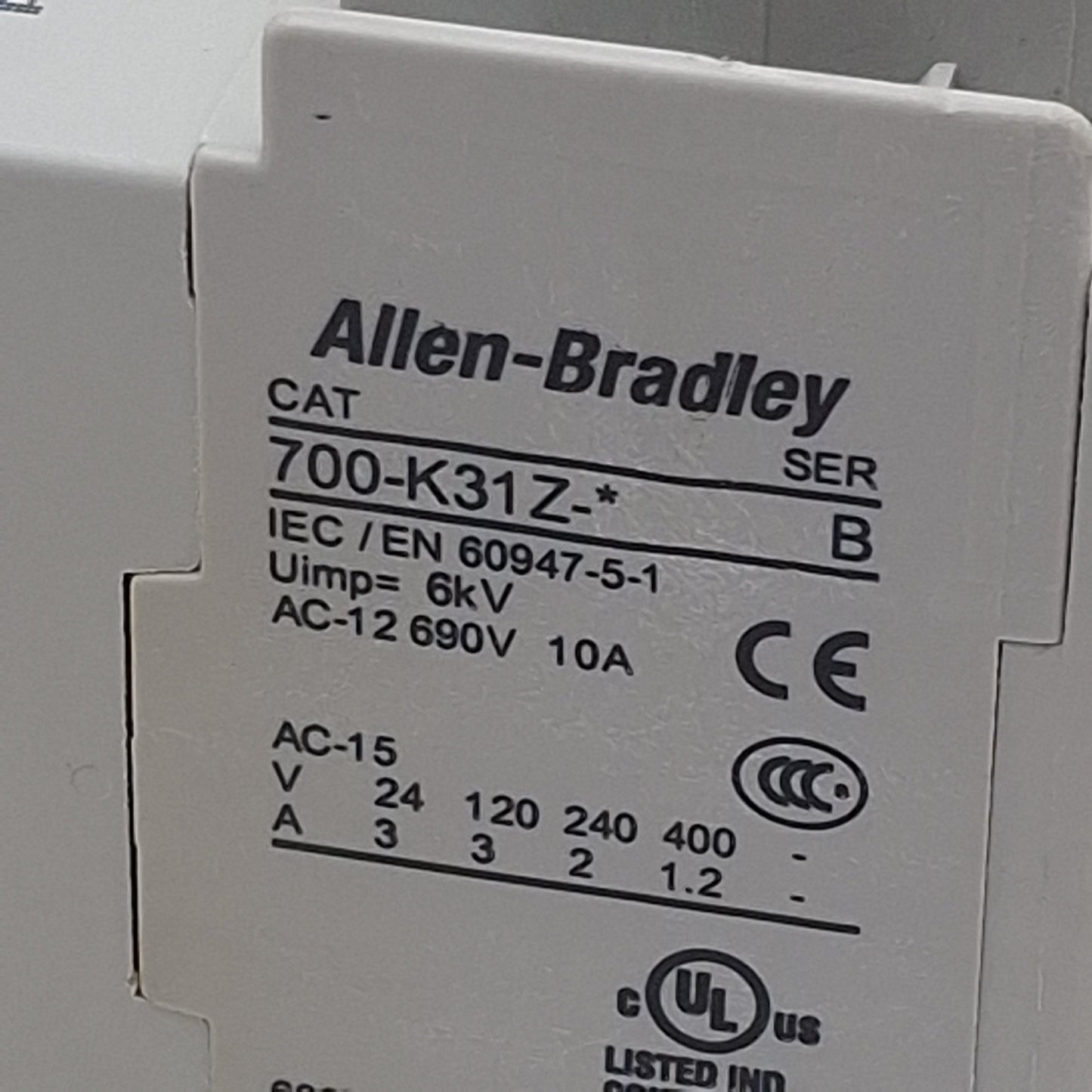 Used Allen Bradley 700-K31Z-DJ Control Relay, 4-Pole, 3NO-1NC, 600VAC 10A, 24VDC Coil