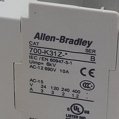 Used Allen Bradley 700-K31Z-DJ Control Relay, 4-Pole, 3NO-1NC, 600VAC 10A, 24VDC Coil