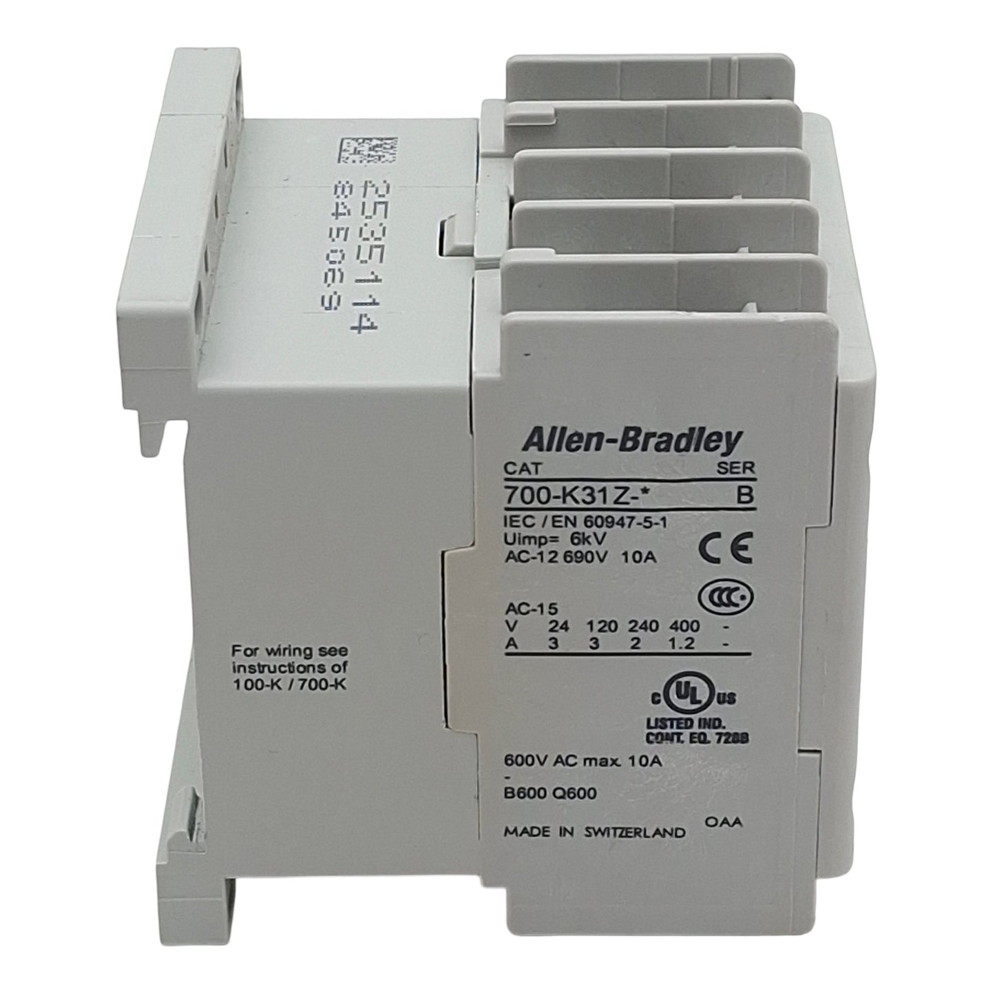 Used Allen Bradley 700-K31Z-DJ Control Relay, 4-Pole, 3NO-1NC, 600VAC 10A, 24VDC Coil