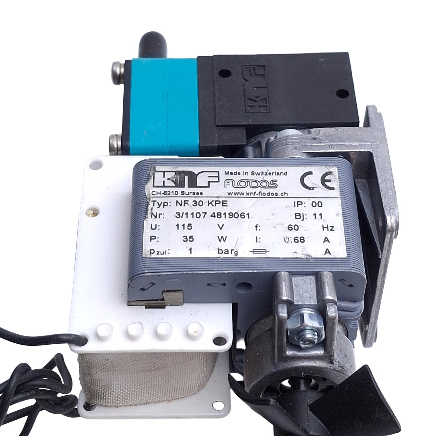 Used KNF NF30KPE Diaphragm Pump, 1bar, 115VAC 35W, 4mm Hose Barb, 6m Head, 0.3L/Min