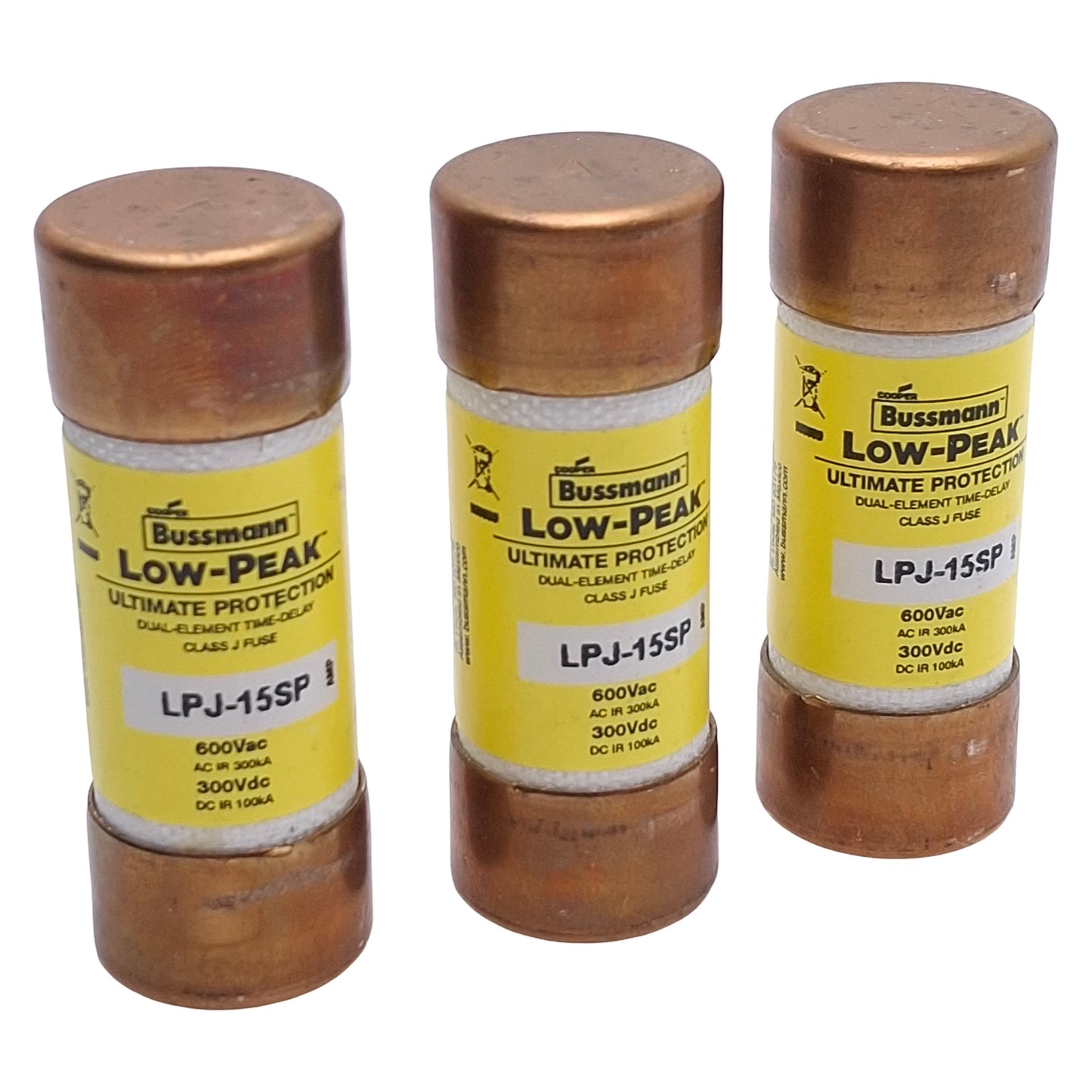 Used Lot of 3 Bussmann LPJ-15SP Time Delay Fuse, Dual Element, Rating: 15A 600VAC