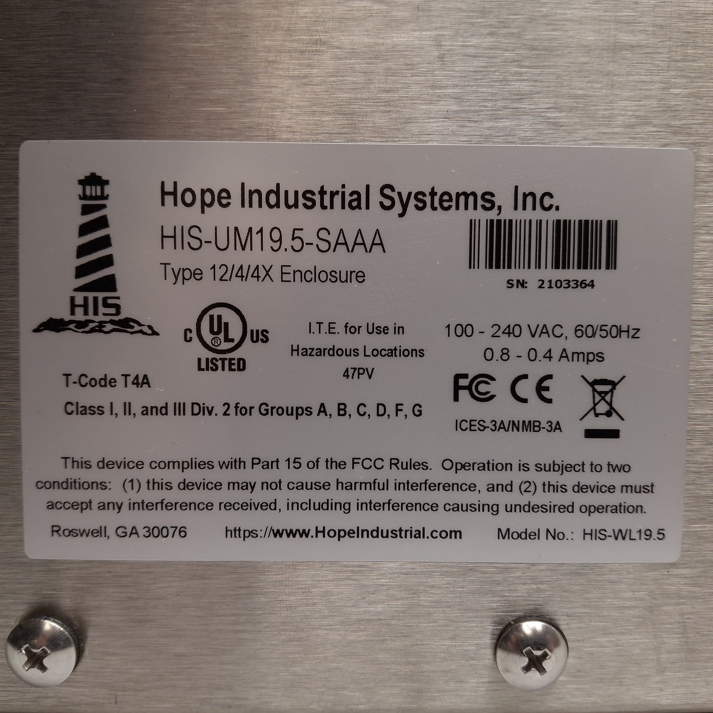 Used Hope Industrial HIS-UM19.5-SAAA Universal Mount Monitor 19.5" 1920x1080 VESA 100
