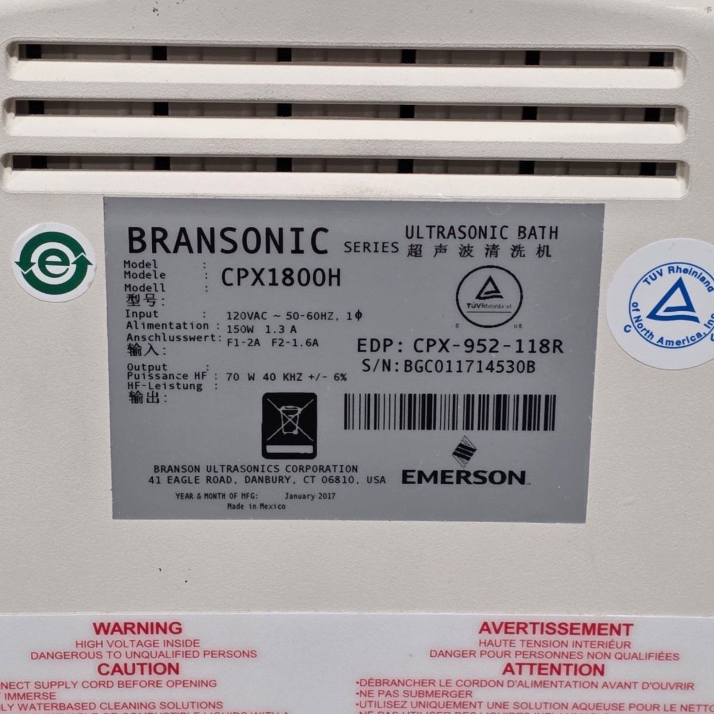 Used Branson CPX1800H Heated Ultrasonic Cleaning Bath 0.5 Gallon, 40kHz, 120VAC