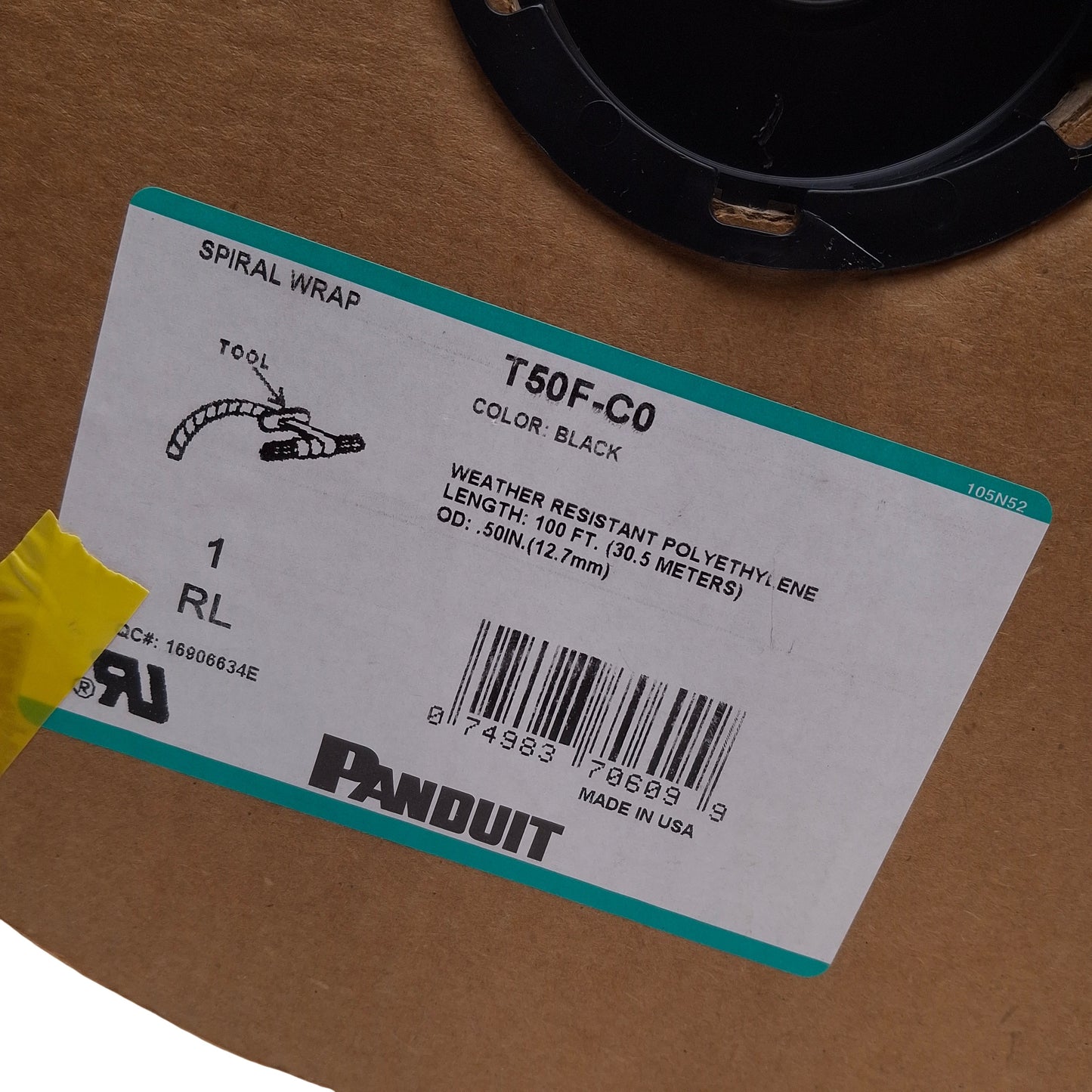 New – Open box Panduit T50F-C0 Spiral Wrap Wire Routing Cable Management Sleeve, ø1/2in x ~55ft