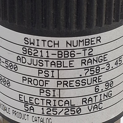 Used Barksdale 96211-BB6-T2 Compact Pressure Switch, SPDT, 5A 125/250VAC, 110-500psi