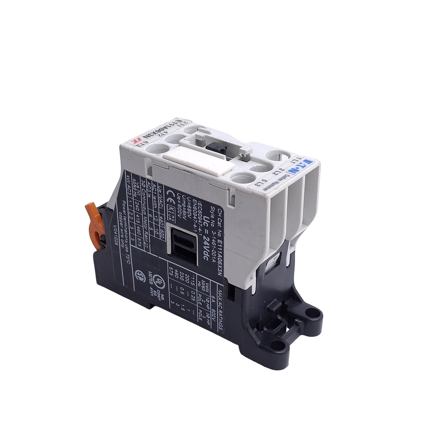 Used Eaton Cutler Hammer E111A06X3N Motor Control Contactor 6A 600VAC, 24VDC Coil