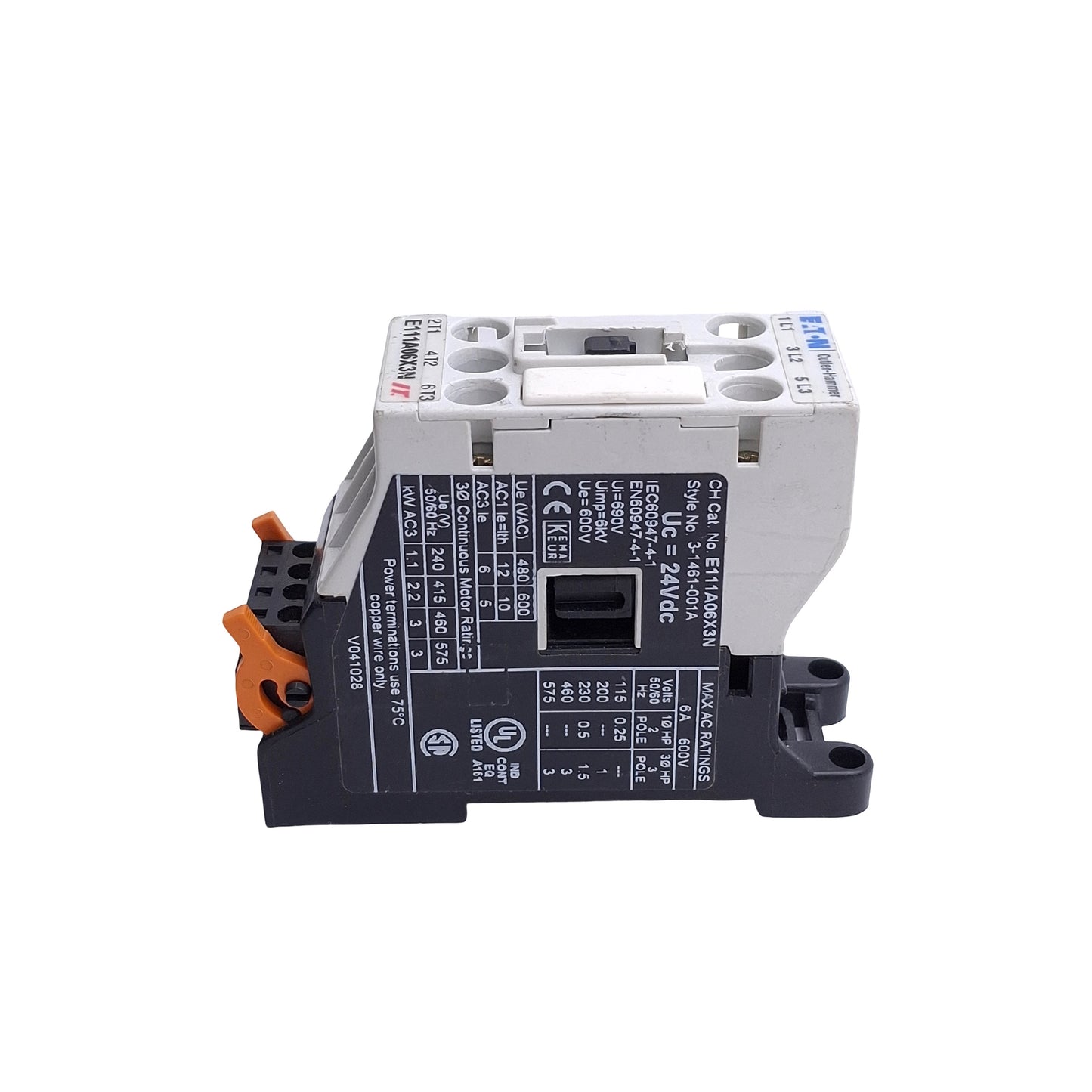 Used Eaton Cutler Hammer E111A06X3N Motor Control Contactor 6A 600VAC, 24VDC Coil