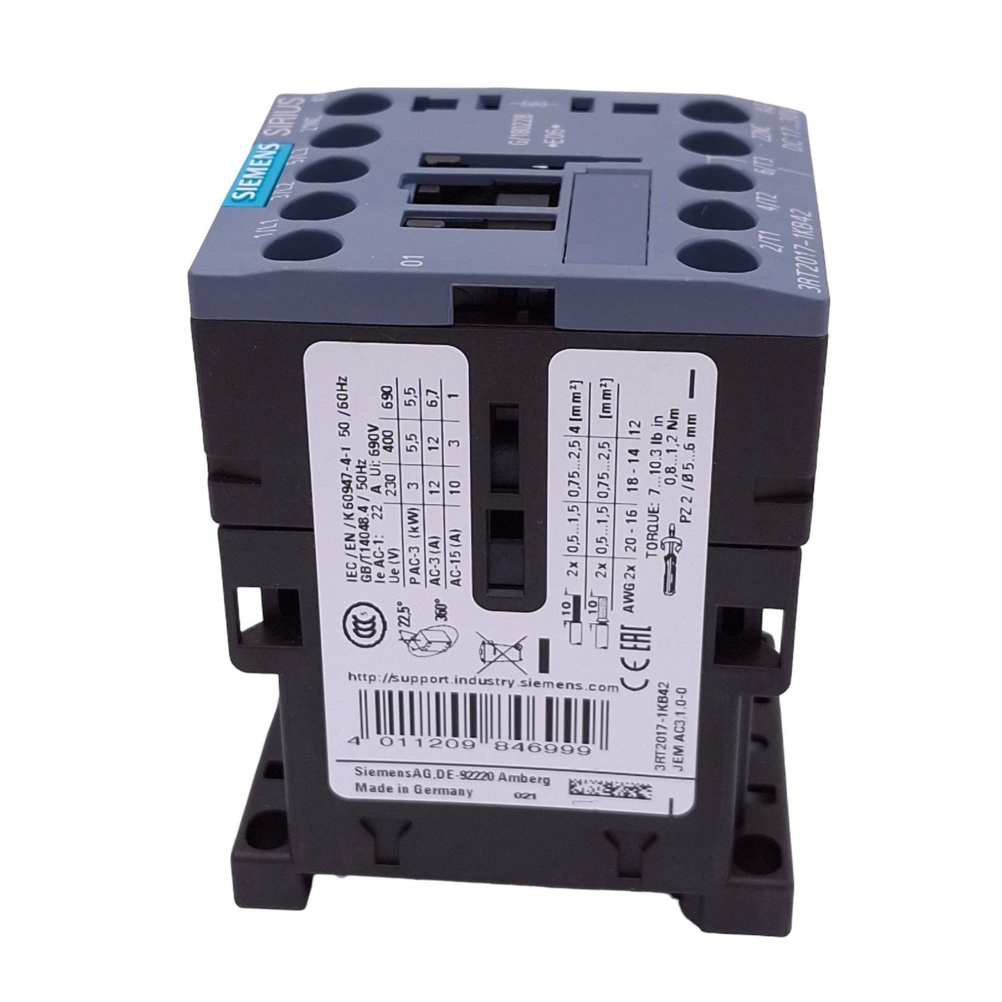 Used Siemens 3RT2017-1KB42 Contactor, 3-Pole NO, 1NC Aux, 12A Max, 24VDC Coil