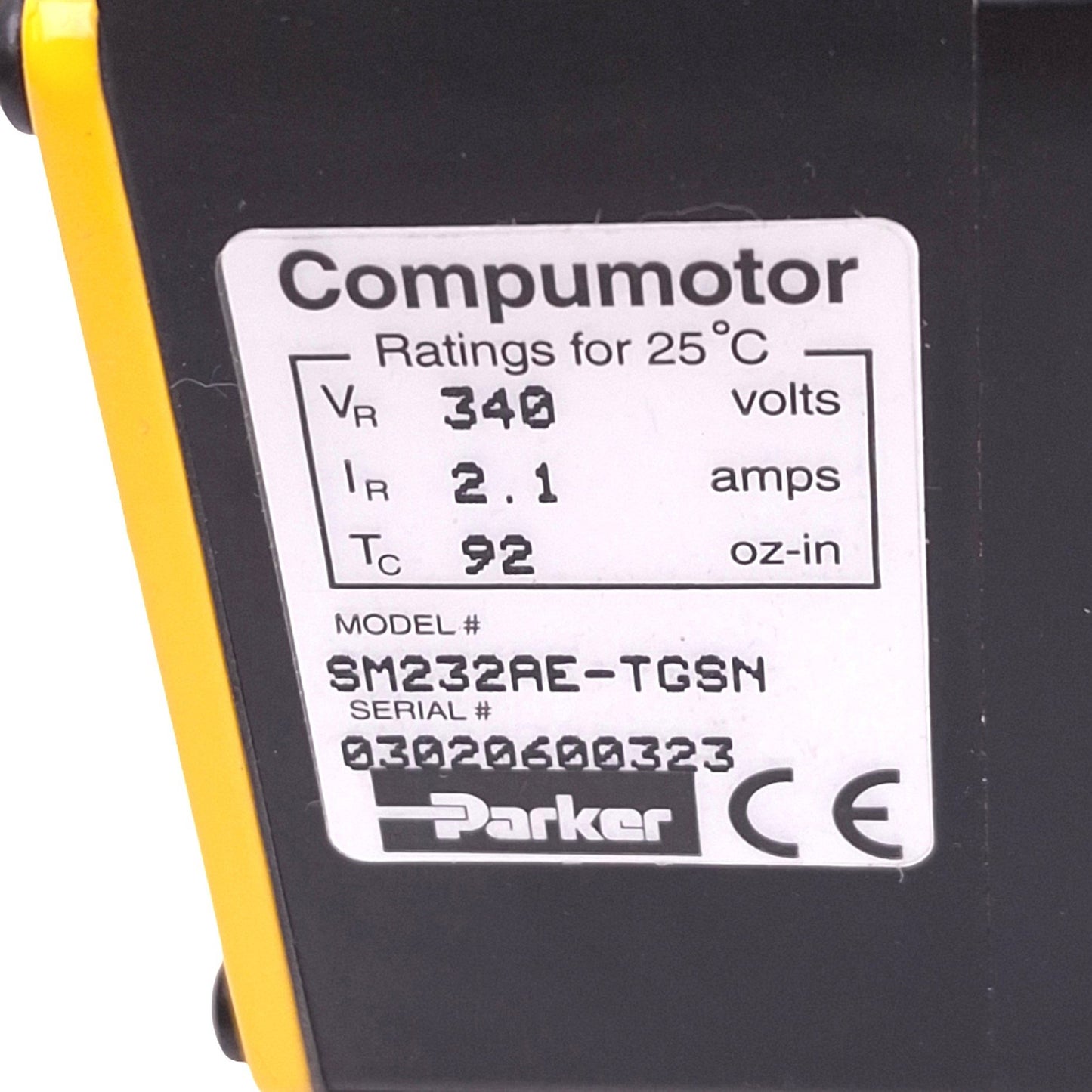 Used Parker SM232AE-TGSN Brushless Servo Motor, 340V 2.1A 92oz-in, 1000ppr, 7500rpm