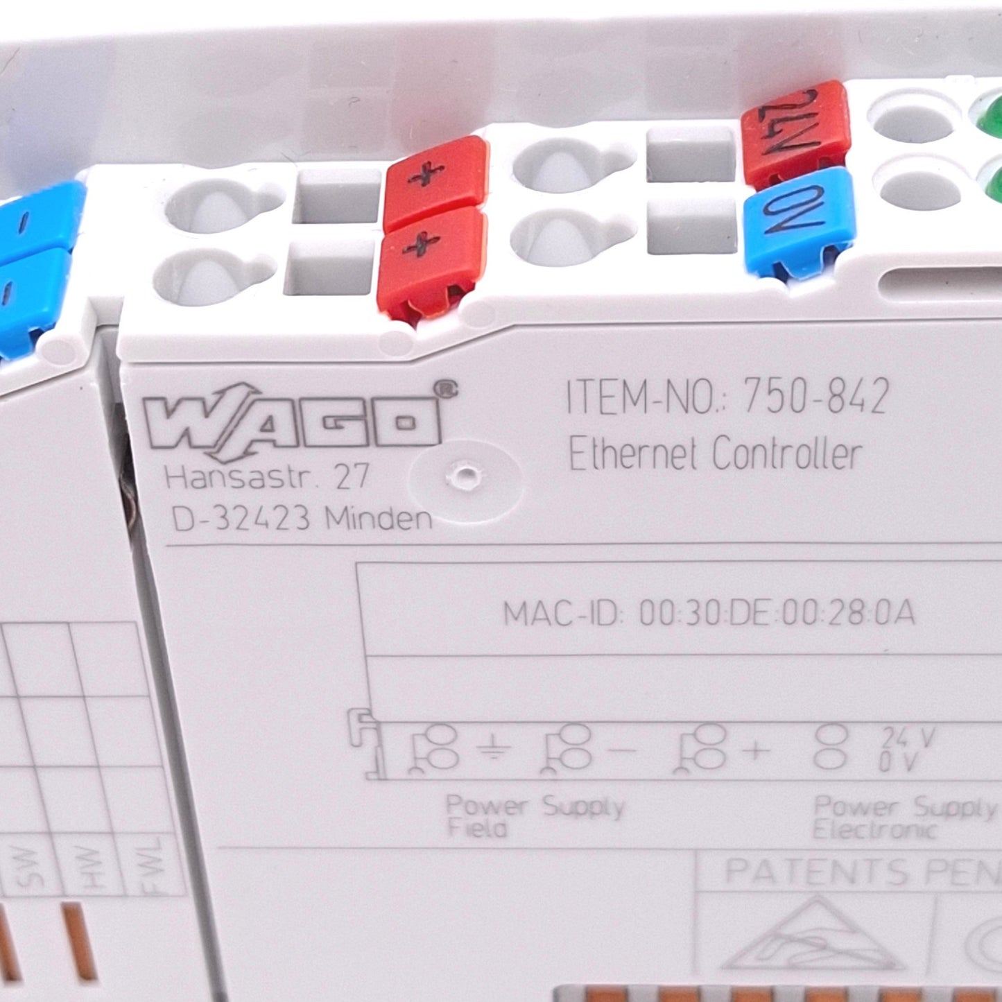 Used Wago 750-842 Ethernet Controller, 16-bit 128KB, RJ45 10/100Mbps, 24VDC, DIN Rail