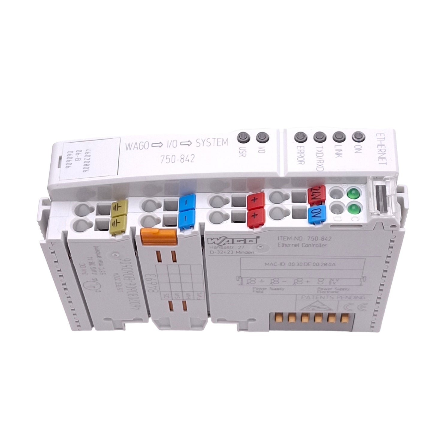 Used Wago 750-842 Ethernet Controller, 16-bit 128KB, RJ45 10/100Mbps, 24VDC, DIN Rail