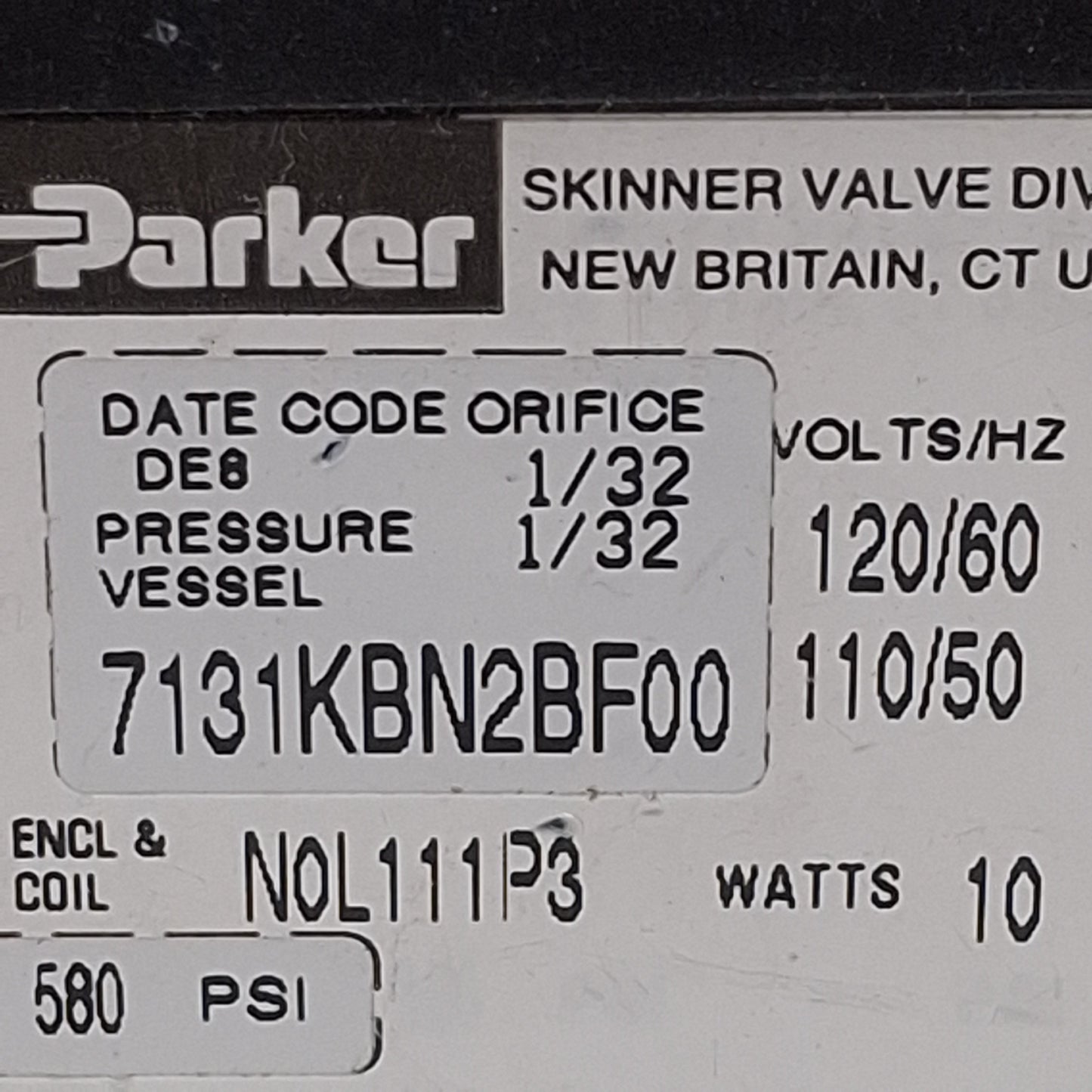 Used Parker 7131KBN2BF00 Solenoid Valve, 2-Port 1/4in NPT, 580psi Max, 24VDC Coil
