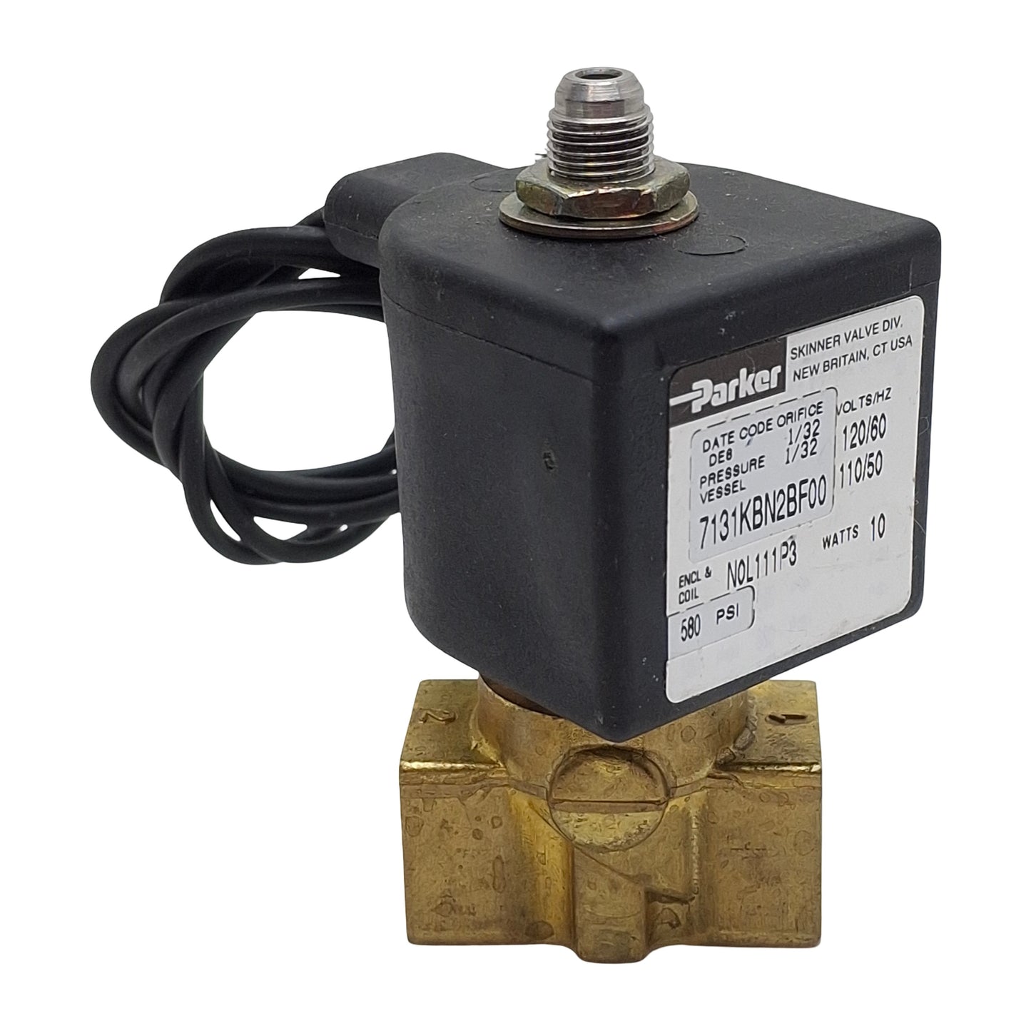 Used Parker 7131KBN2BF00 Solenoid Valve, 2-Port 1/4in NPT, 580psi Max, 24VDC Coil
