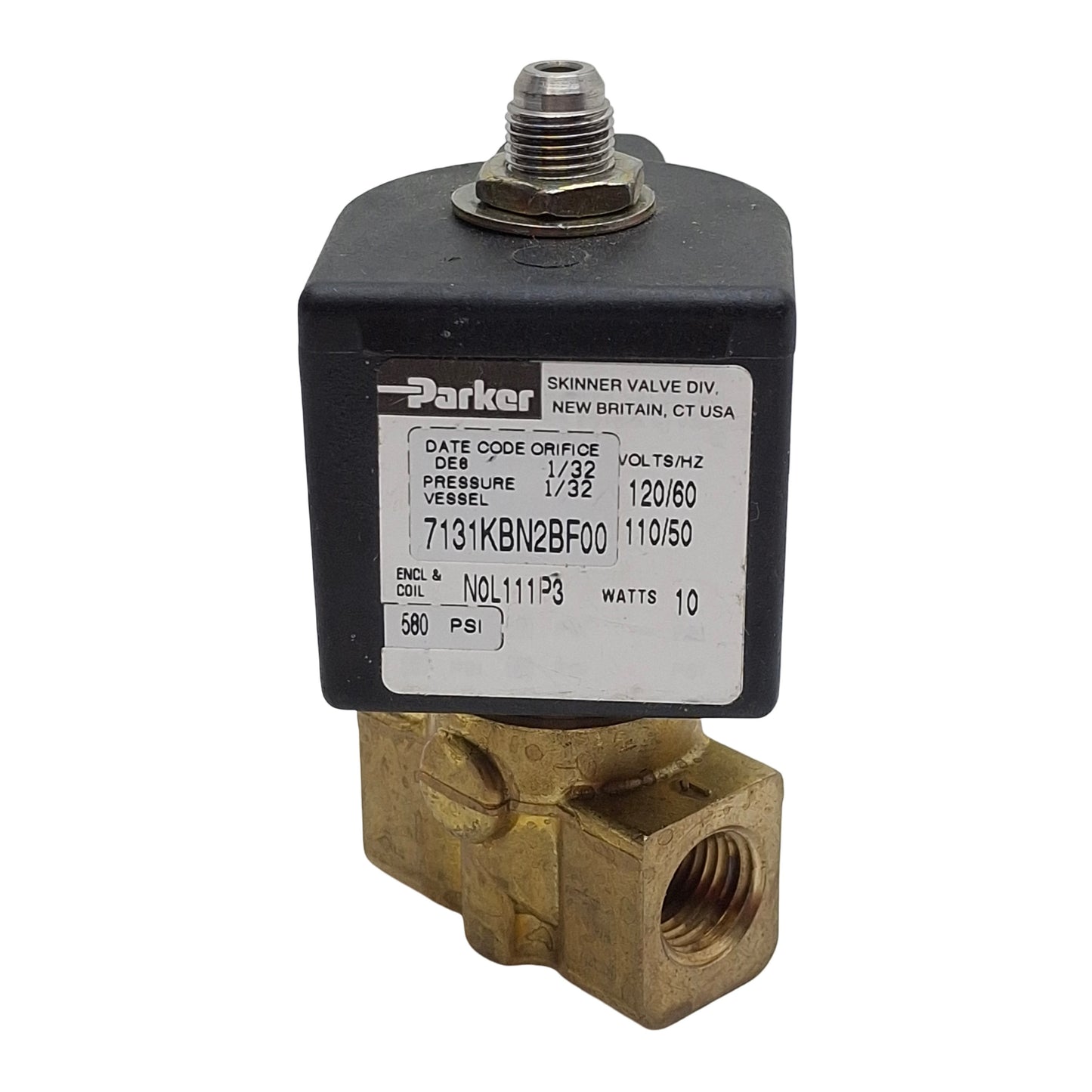 Used Parker 7131KBN2BF00 Solenoid Valve, 2-Port 1/4in NPT, 580psi Max, 24VDC Coil
