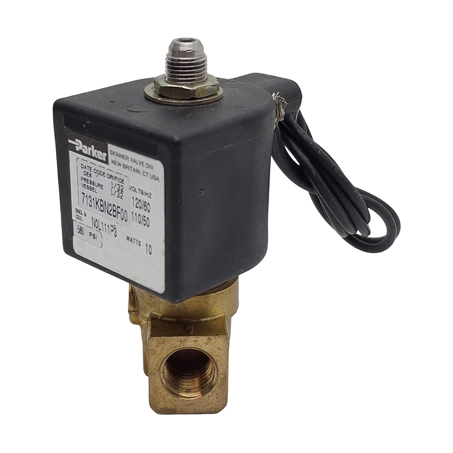Used Parker 7131KBN2BF00 Solenoid Valve, 2-Port 1/4in NPT, 580psi Max, 24VDC Coil