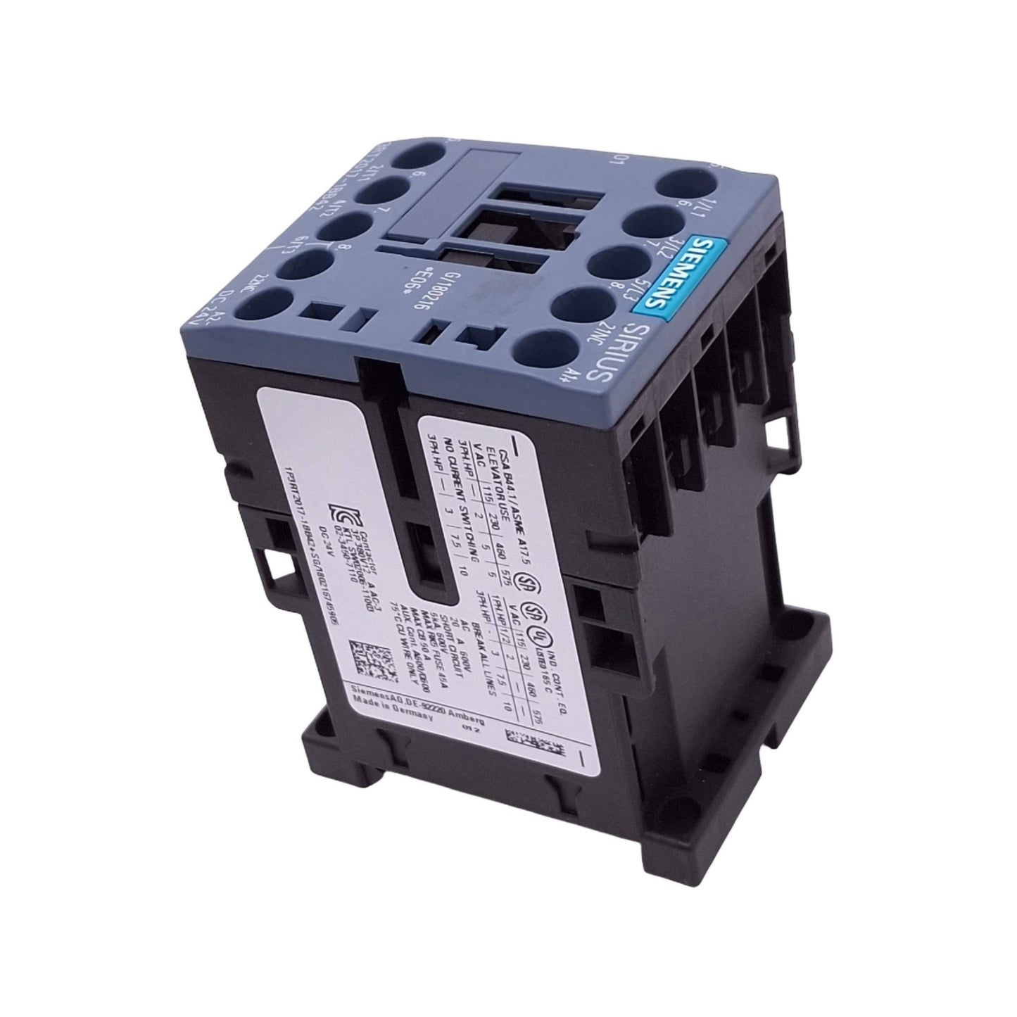 Used Siemens 3RT2017-1BB42 Contactor, 3-Pole NO, 1NC Aux, 12A Max, 24VDC Coil