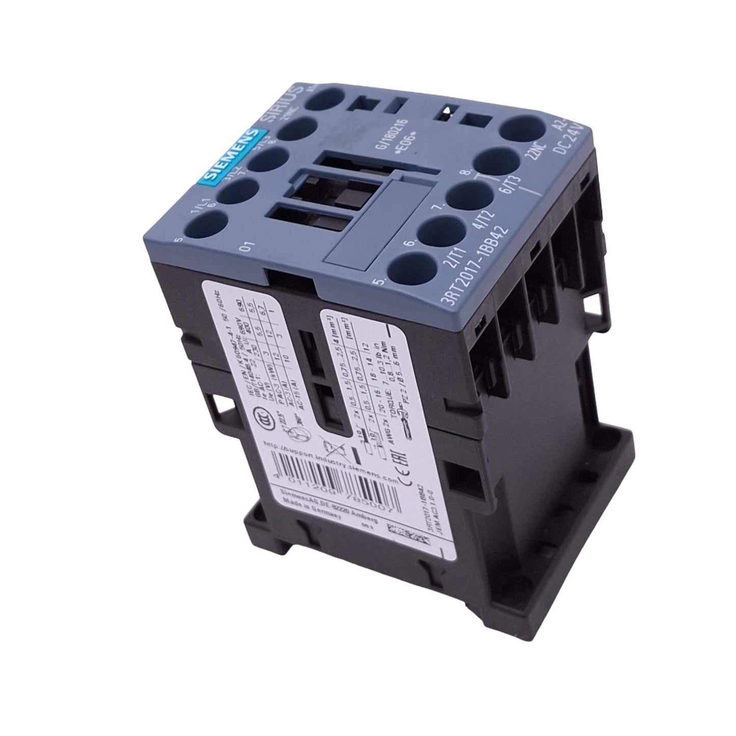 Used Siemens 3RT2017-1BB42 Contactor, 3-Pole NO, 1NC Aux, 12A Max, 24VDC Coil