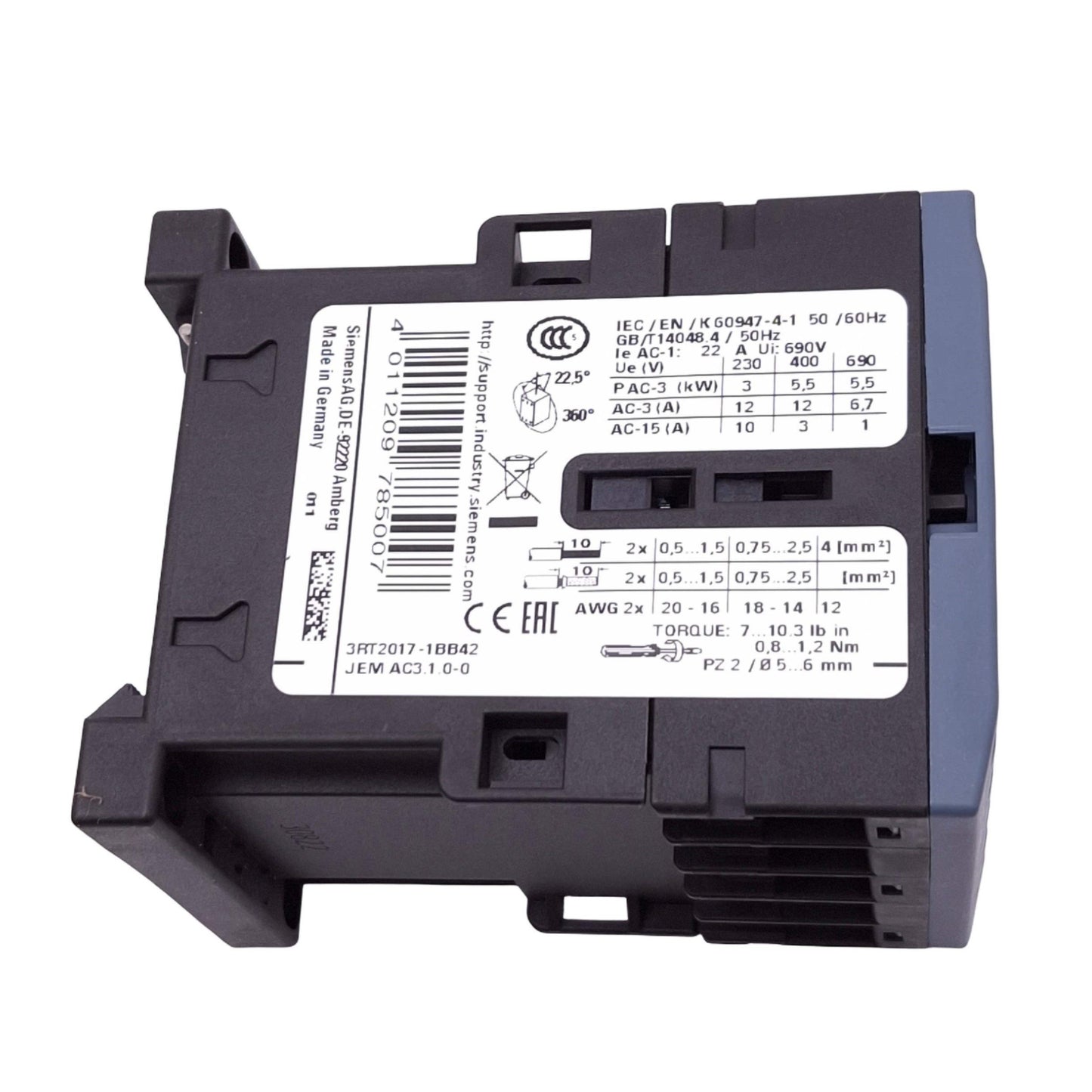 Used Siemens 3RT2017-1BB42 Contactor, 3-Pole NO, 1NC Aux, 12A Max, 24VDC Coil