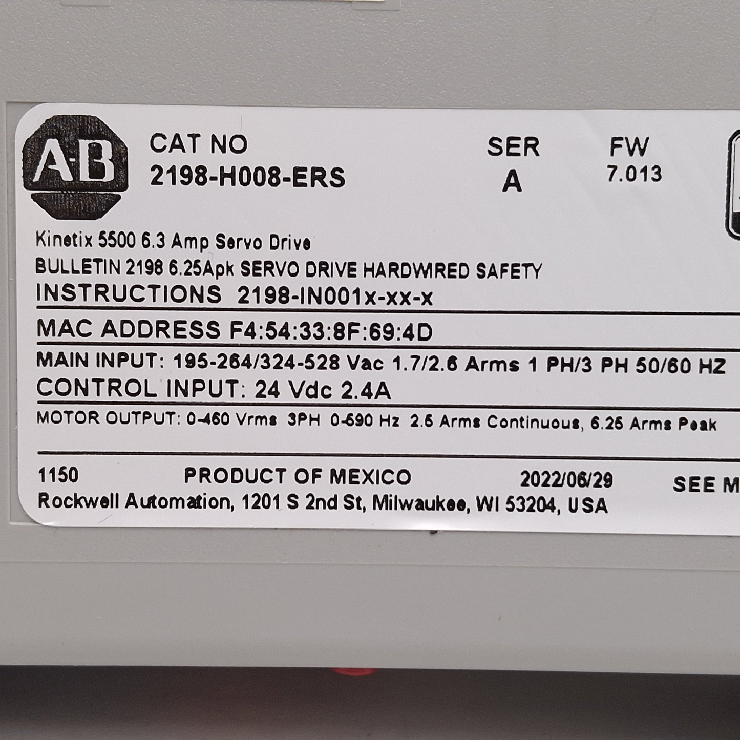 Used Allen Bradley 2198-H008-ERS Kinetix 5500 Servo Drive, 3Ø 0-460VAC 2.5A, 0-590Hz
