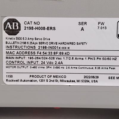Used Allen Bradley 2198-H008-ERS Kinetix 5500 Servo Drive, 3Ø 0-460VAC 2.5A, 0-590Hz