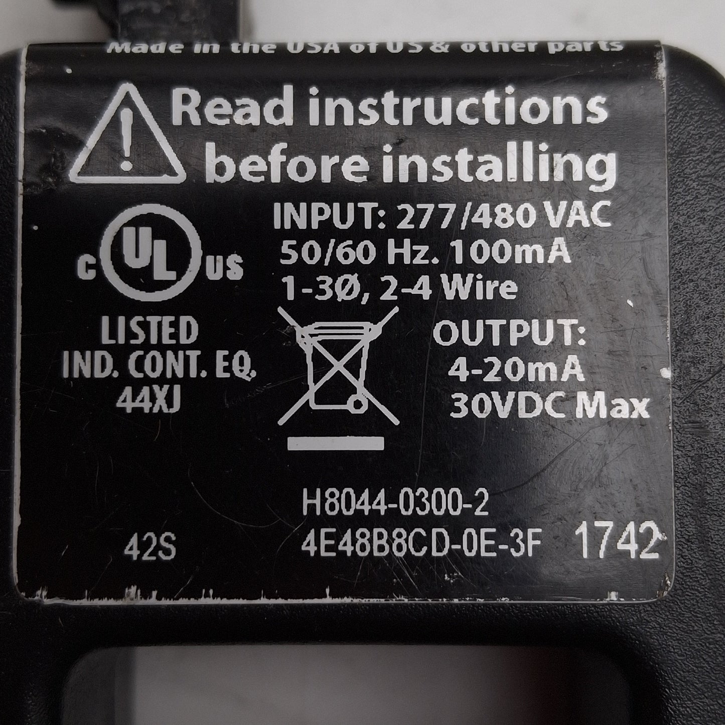 Used Veris H8044-0300-2 Enercept Power Transducer 1-3Ø 277/480VAC 300A, 4-20mA Output