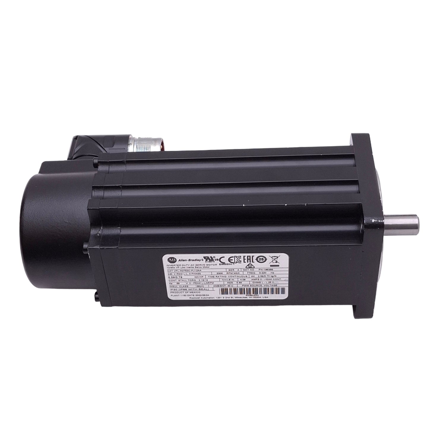 Used Allen Bradley VPL-A0753C-PJ12AA Kinetix Servo Motor, 3300RPM, 240VAC, 0.59kW