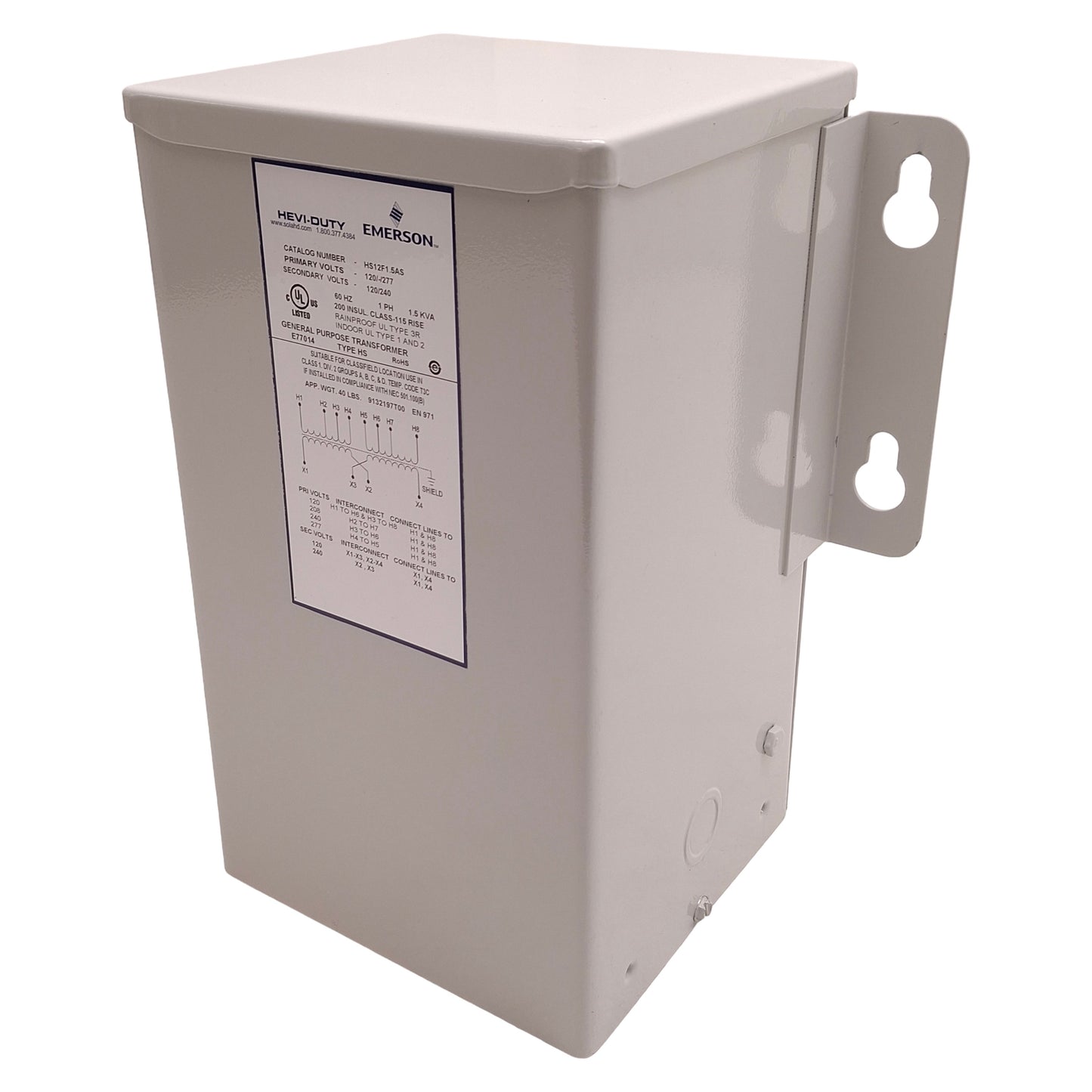 Used Emerson HS12F1.5AS Non-Ventilated Transformer 1.5kVA, 120/277V Prim 120/240V Sec