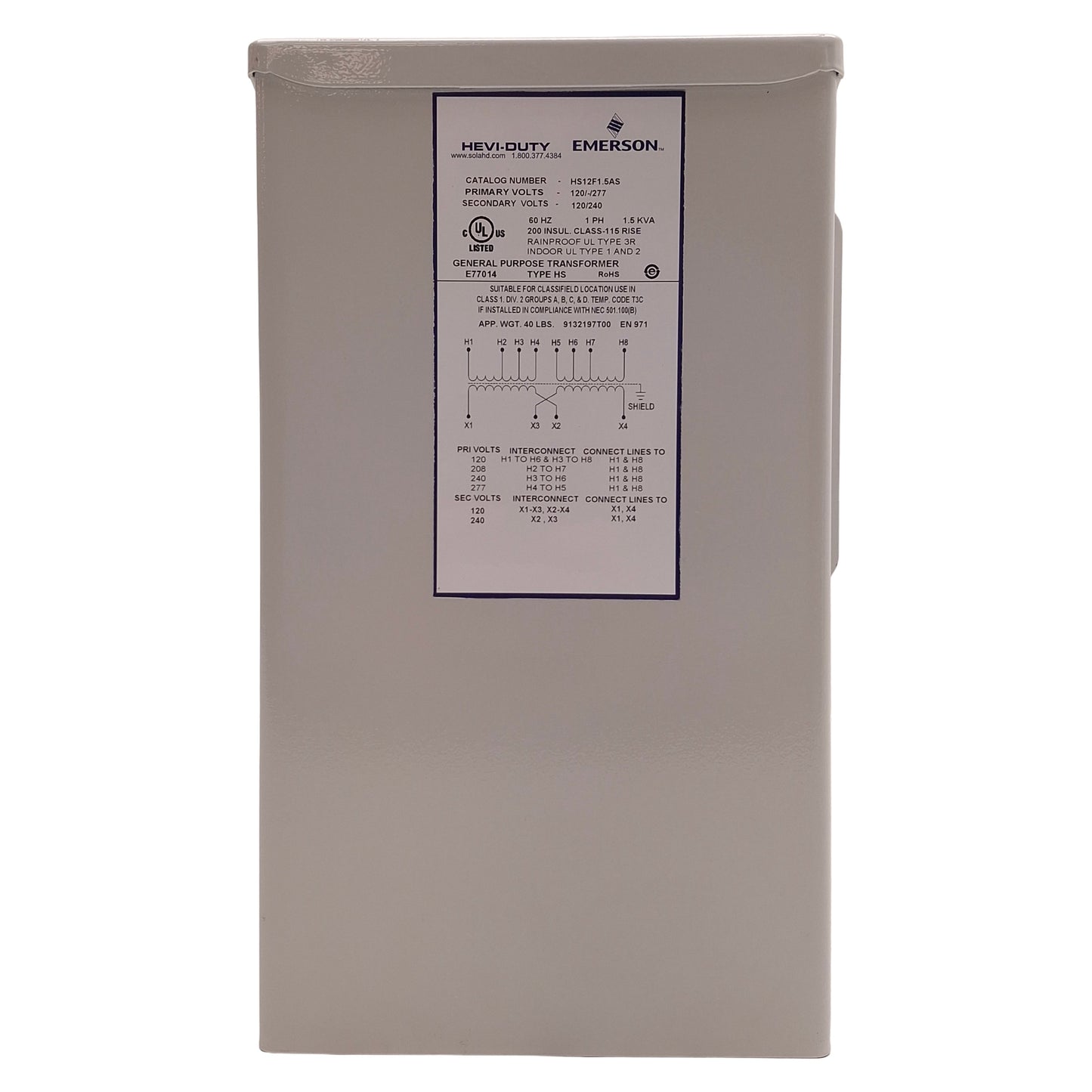 Used Emerson HS12F1.5AS Non-Ventilated Transformer 1.5kVA, 120/277V Prim 120/240V Sec