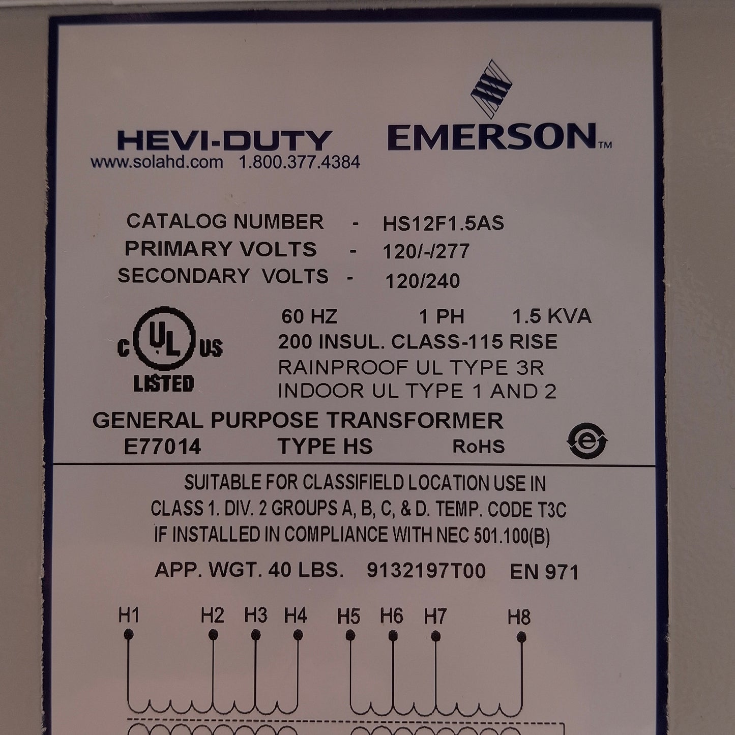 Used Emerson HS12F1.5AS Non-Ventilated Transformer 1.5kVA, 120/277V Prim 120/240V Sec