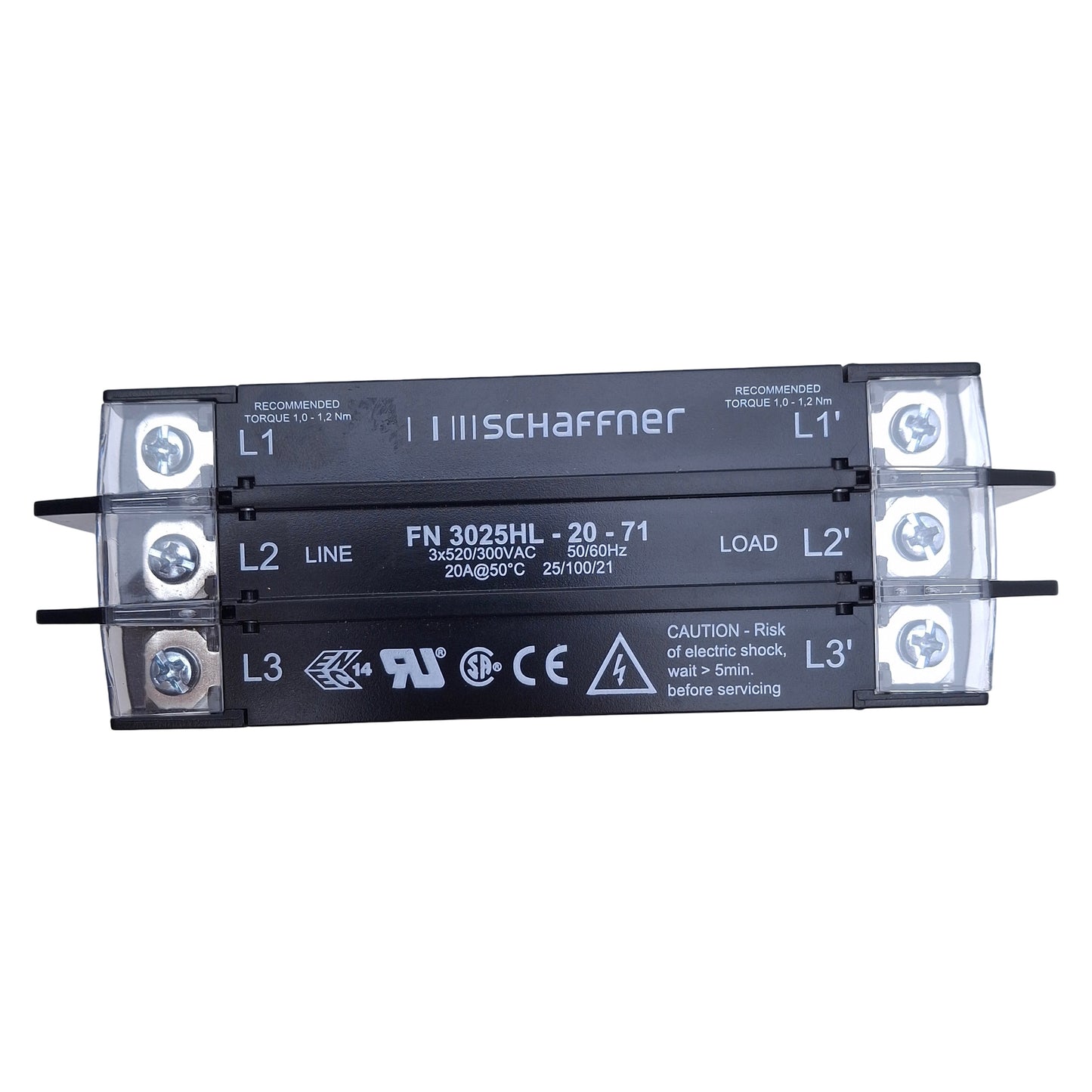 Used Schaffner FN3025HL-20-71 EMC/RFI Filter 3x520/300VAC, 20A, 0-60Hz Frequency