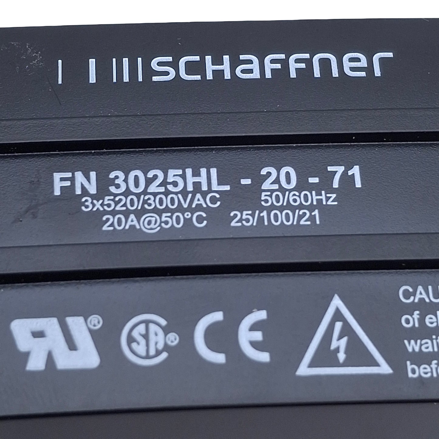 Used Schaffner FN3025HL-20-71 EMC/RFI Filter 3x520/300VAC, 20A, 0-60Hz Frequency