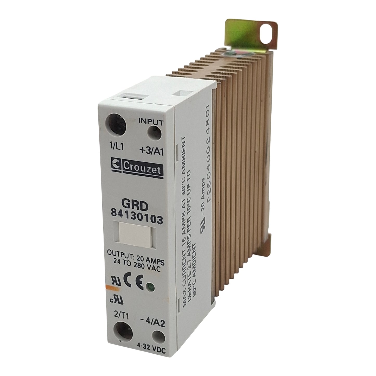 Used Crouzet GRD 84130103 Solid-State Relay, 4-32VDC In, 25A 24-280VAC Out, DIN Rail