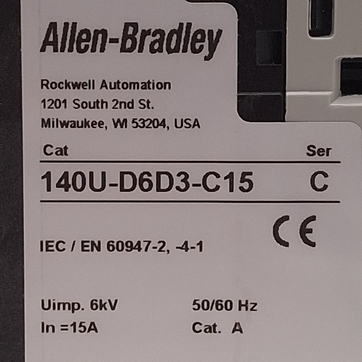 Used Allen Bradley 140U-D6D3-C15 Circuit Breaker, 3-Pole, 15A, 600Y/347VAC, DIN Rail