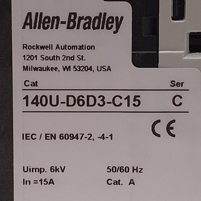 Used Allen Bradley 140U-D6D3-C15 Circuit Breaker, 3-Pole, 15A, 600Y/347VAC, DIN Rail